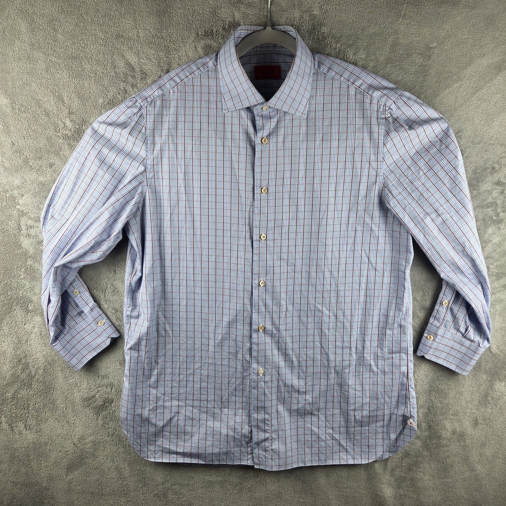 Isaia Napoli Dress Shirt Blue Plaid Mens Size 17./44 100% Cotton Button Italy
